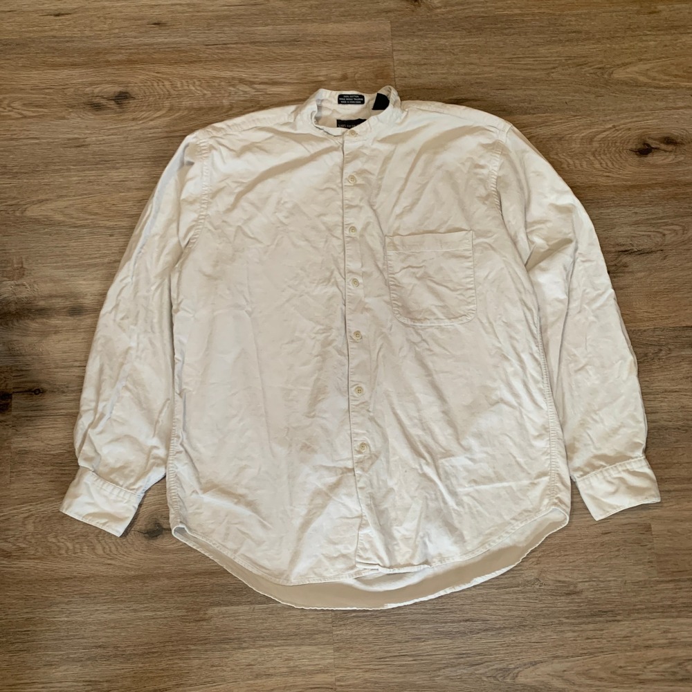 Saks Fifth Avenue Mens Large Corduroy Band Collar Shirt Off White Cream Cotton